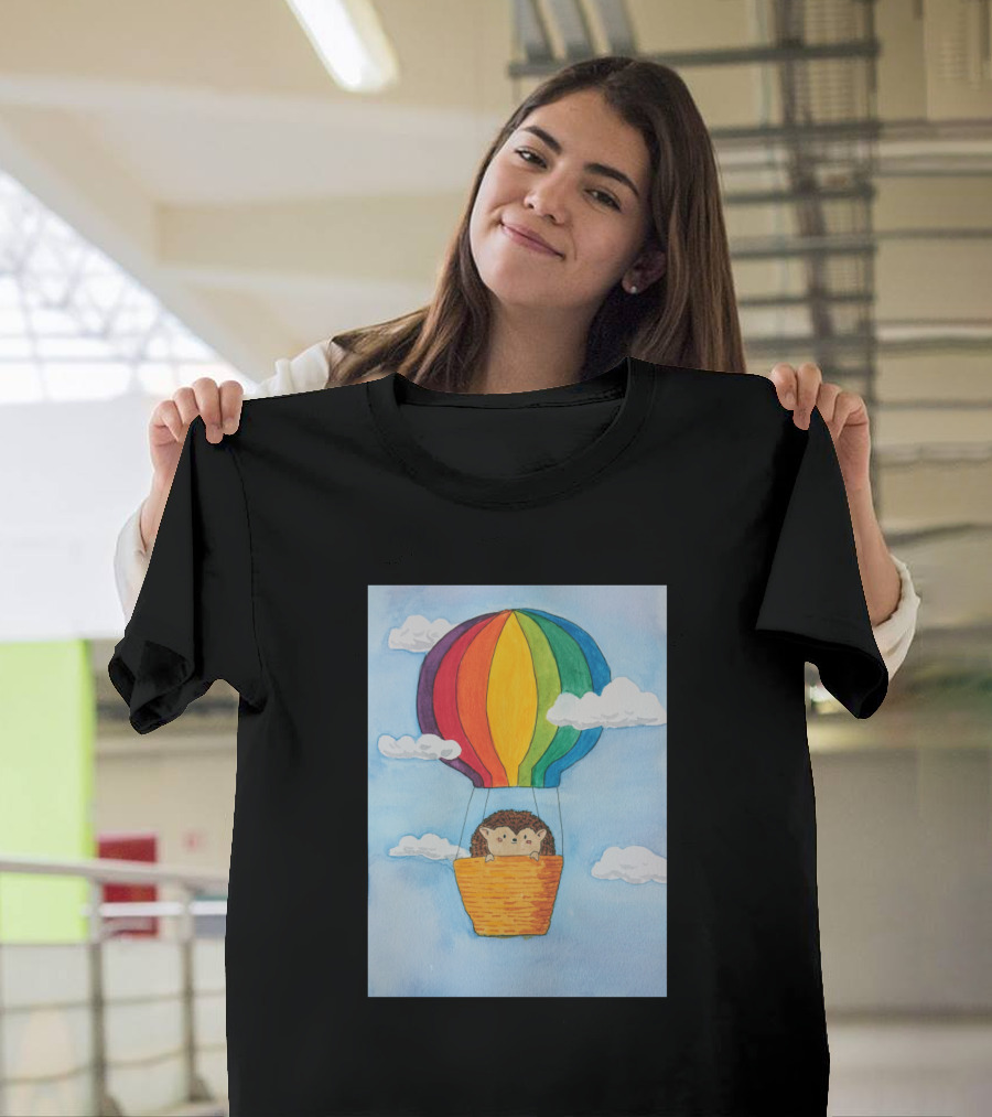 Adorable Little Hedgehog Goes For A Colorful Hot Air Balloon Ride T-Shirt