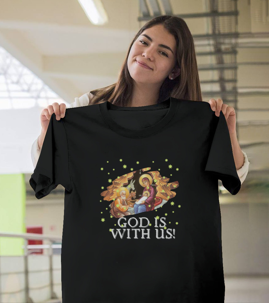 Nativity Scene with Mary, Joseph, Baby Jesus and Animals Surrounded by Stars God Is With Us T-Shirt