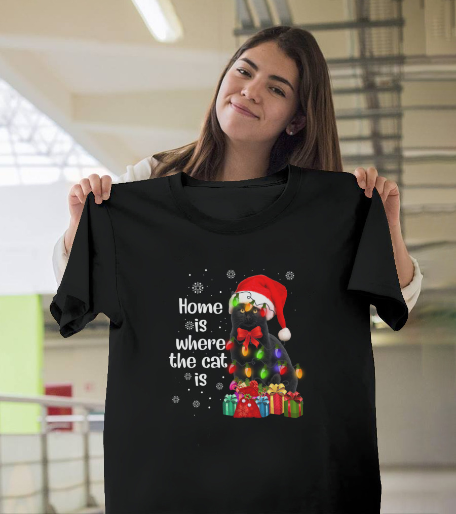 Home Is Where The Cat Is Black Cat Santa Hat Christmas Lights Gifts T-Shirt