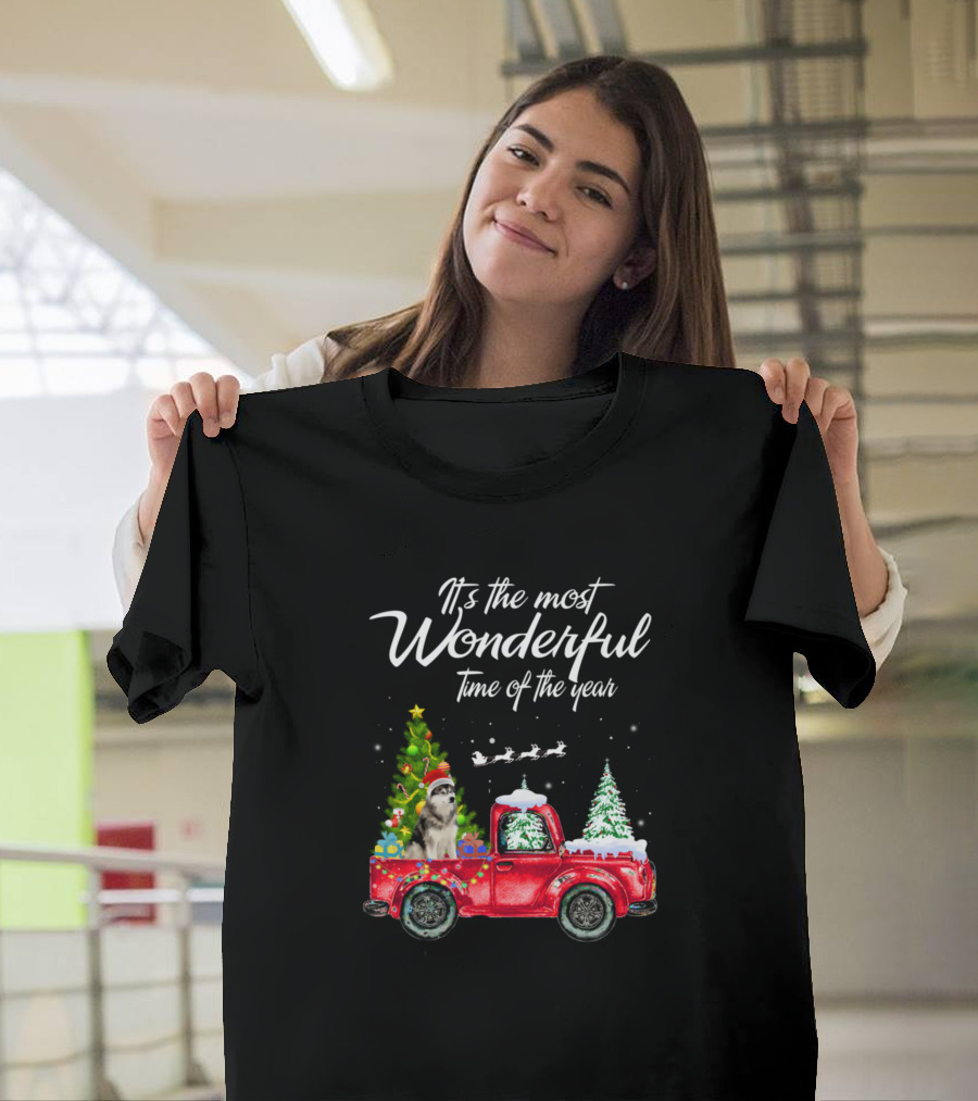Its The Most Wonderful Time Of The Year With Truck Christmas Tree Dog Santa Hat T-Shirt