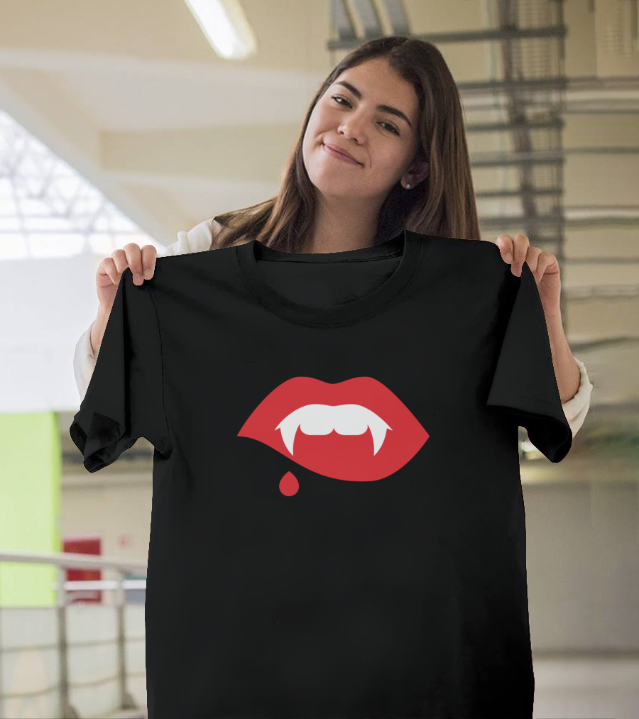 Fangs Vampire Red Lips with Blood Drop T-Shirt