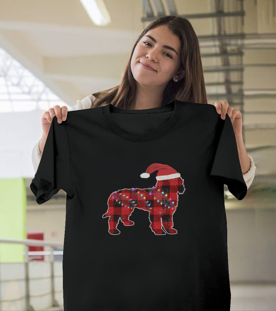 Golden Doodle Buffalo Plaid Christmas Lights Santa Hat T-Shirt