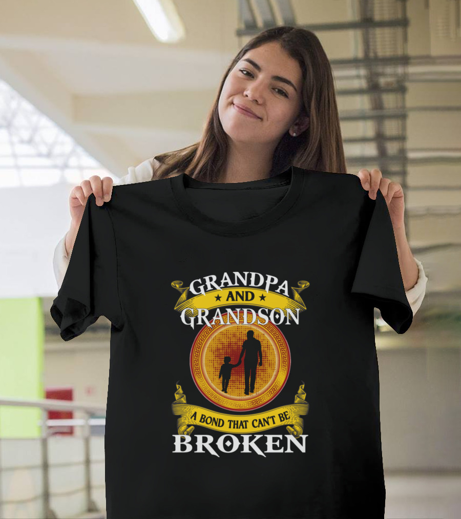 Grandpa And Grandson A Bond That Can't Be Broken Silhouette With Ribbon Banner T-Shirt