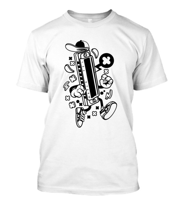 Harmonica Wearing Sneakers And Cap With Animated Comics Style Poses T-Shirt