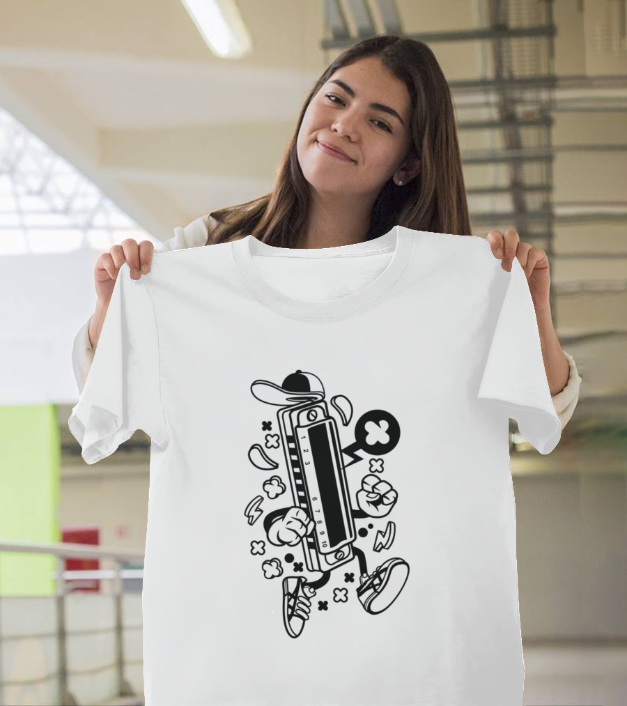 Harmonica Wearing Sneakers and Cap with Animated Comics Style Poses T-Shirt