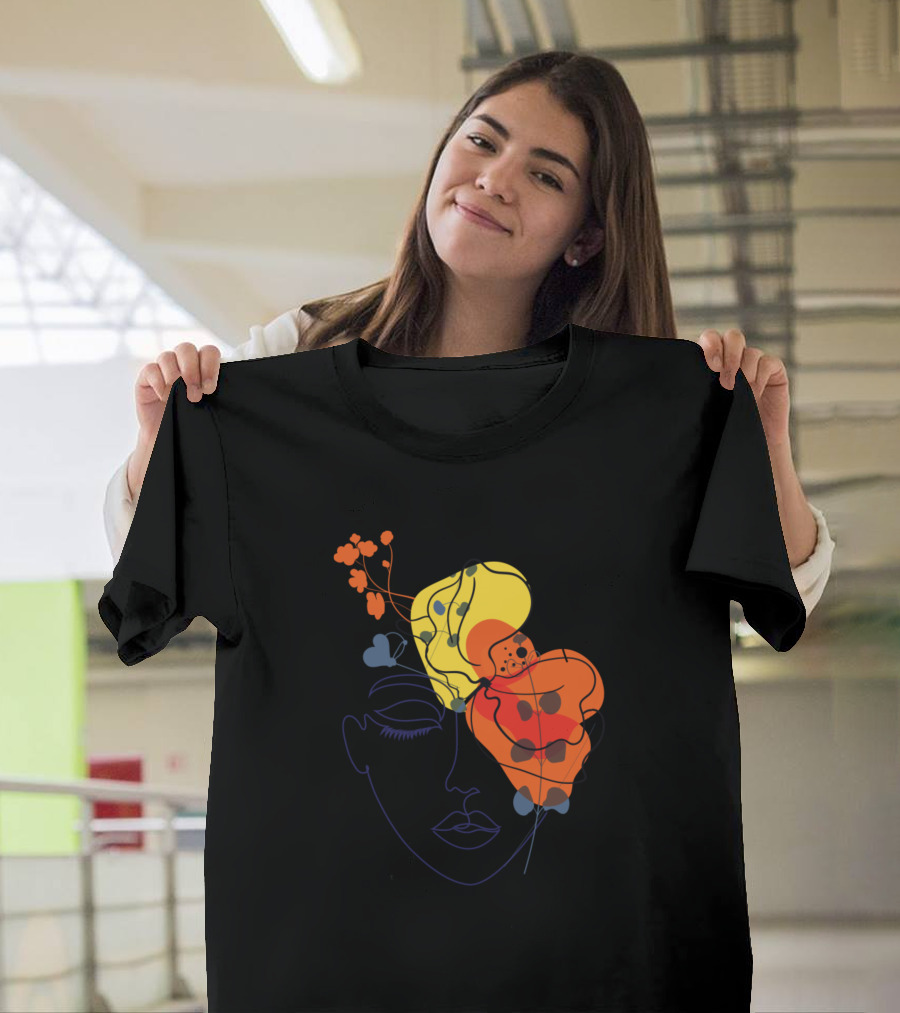 Minimalist Modern Woman Line Art Colorful Floral Headpiece T-Shirt