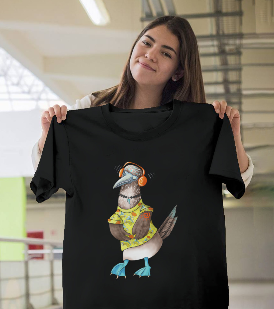 Cool Bird With Funky Headphones and Psychedelic T-Shirt