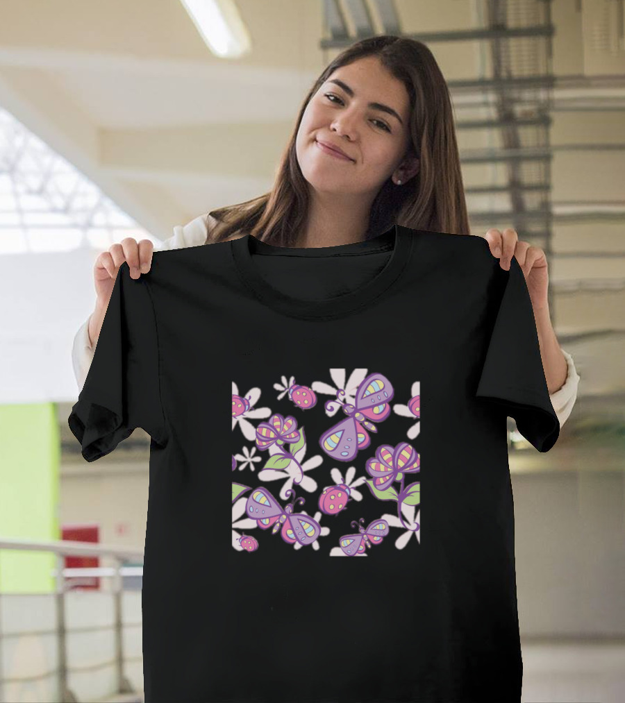 Cute Purple Butterfly and Ladybug Floral T-Shirt
