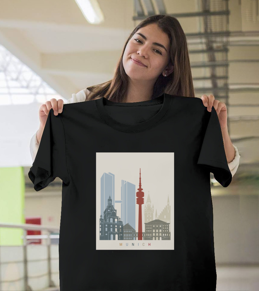 Munich Skyline Landmarks with Olympia Tower Peeking Above Cityscape T-Shirt