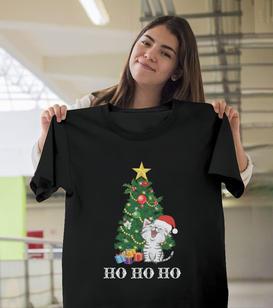 Ho Ho Ho Cute Cat Christmas Tree Holiday T-Shirt