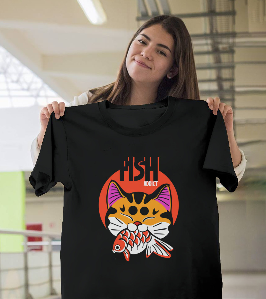FISH ADDICT Lucky Cat with Fish T-Shirt