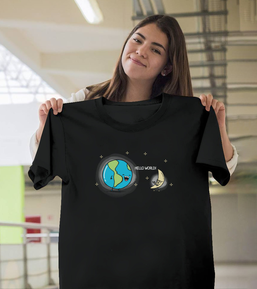 Hello World Earth and Moon Greeting Chat with Smiling Cartoon Characters T-Shirt