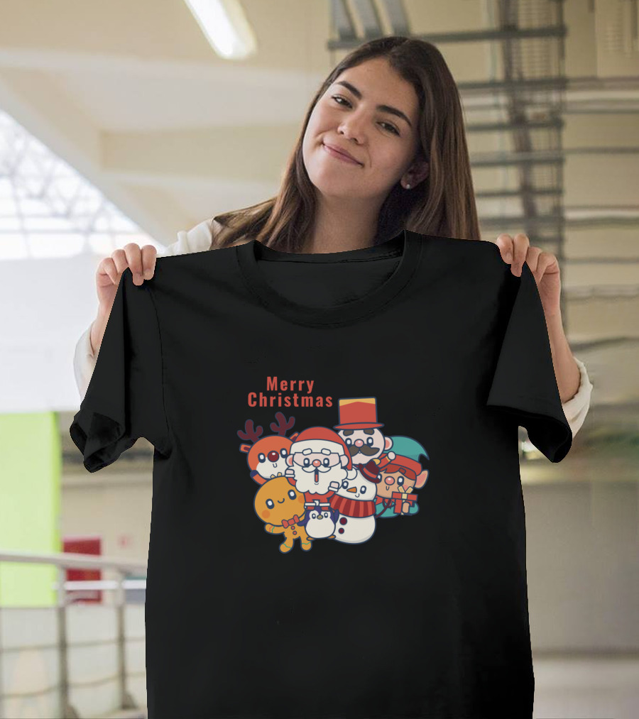 Merry Christmas Santa Claus Snowman Reindeer Gingerbread Man Elf and Friend T-Shirt