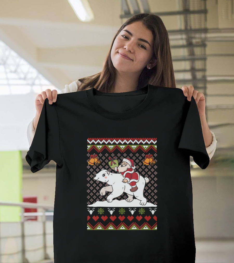 Santa Riding Polar Bear Christmas Kids Girls T-Shirt