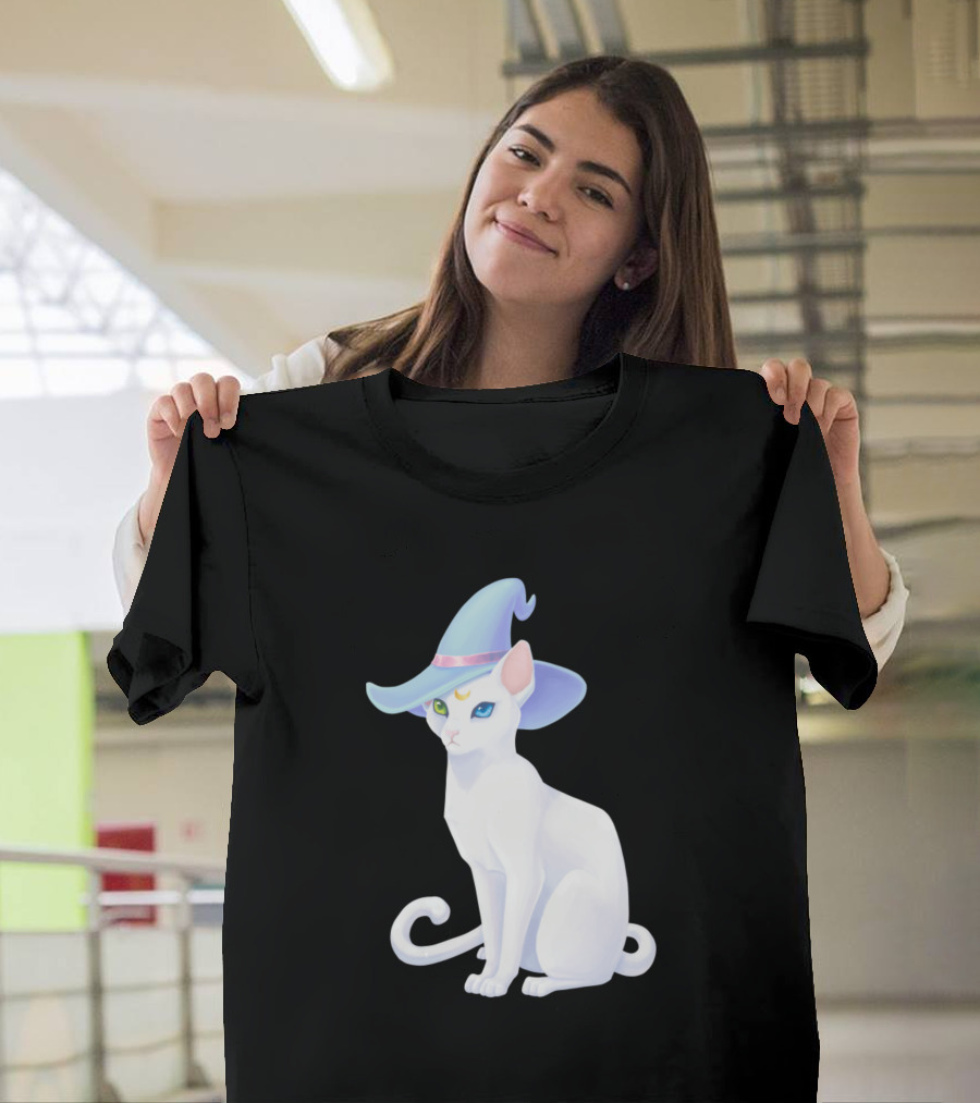 White Cat Witch with Blue Wizard Hat and Crescent Moon T-Shirt