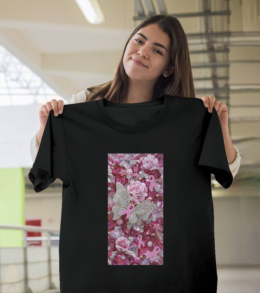 Breast Cancer Awareness Jeweled Butterfly with Pink Ribbon and Roses T-Shirt