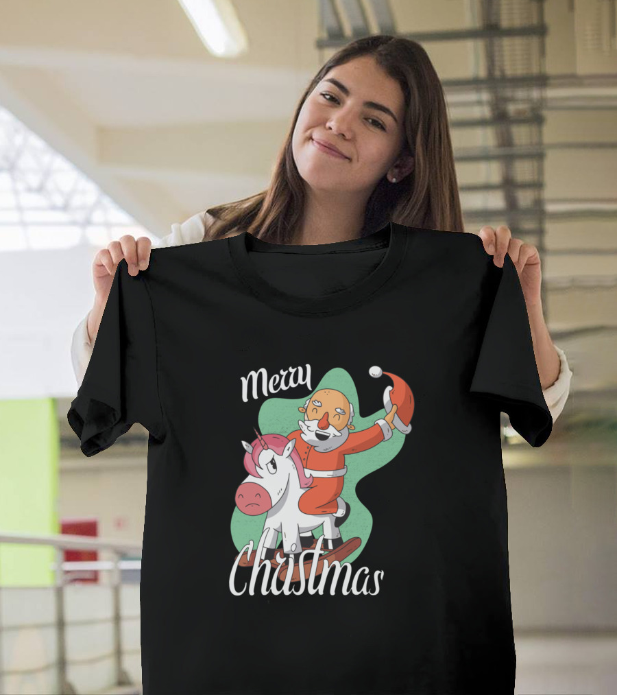 Merry Christmas Unicorn Santa on Rocking Horse T-Shirt