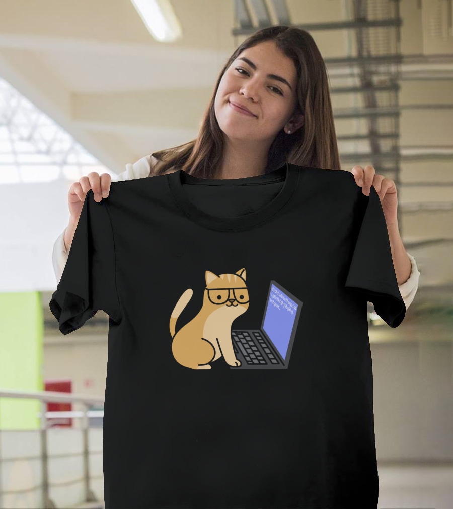 Cute Cat With Glasses Typing on Laptop Computer Screen T-Shirt