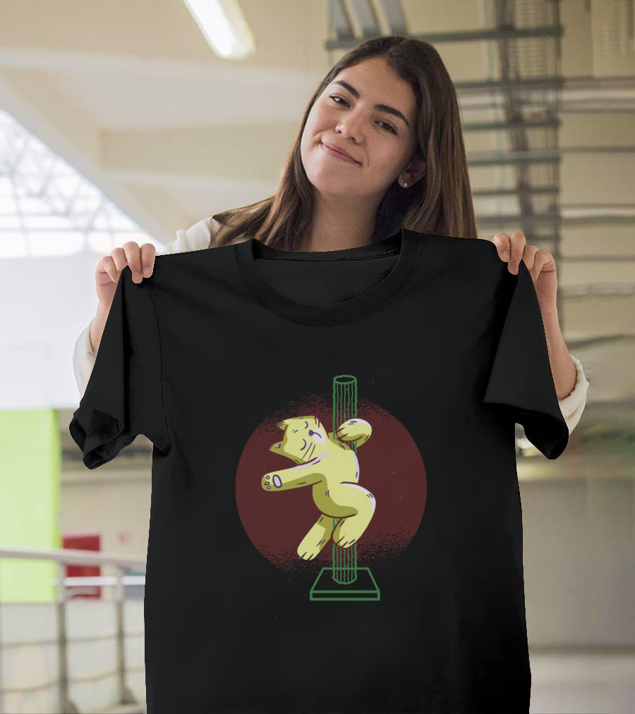 Pole Dancing Cat on Red Circle Background T-Shirt