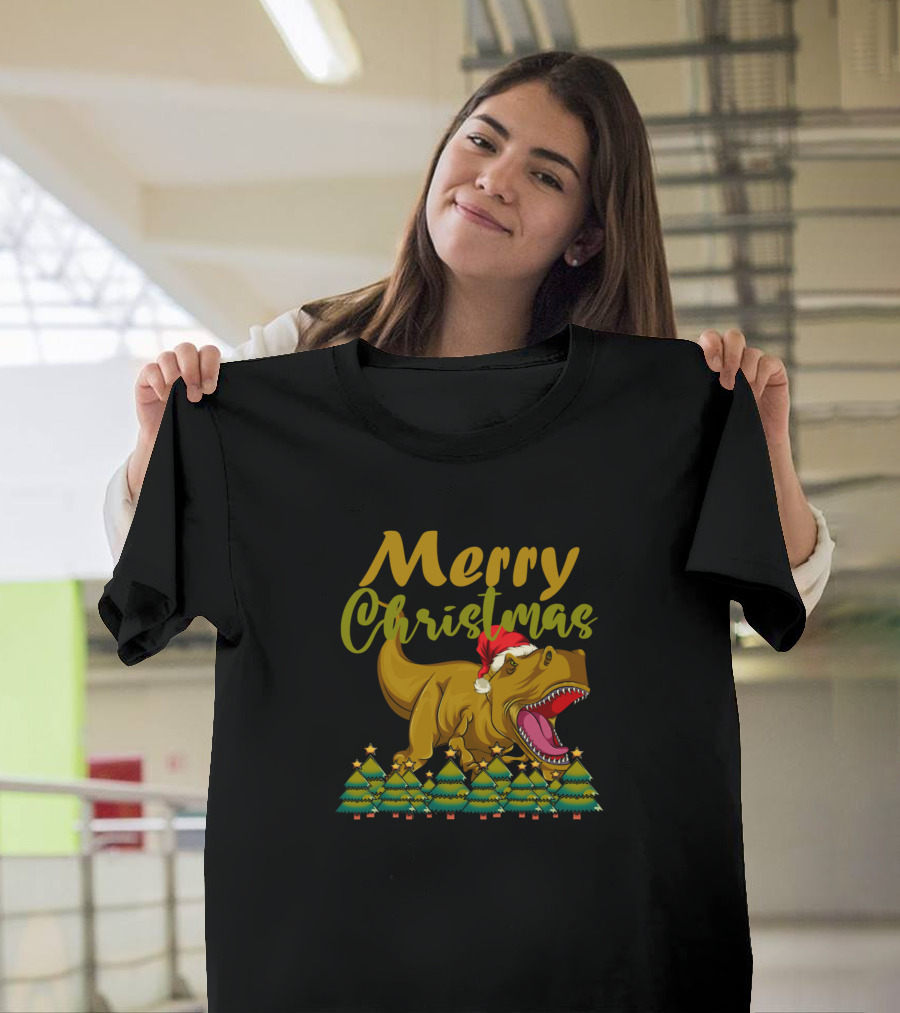 Merry Christmas Dinosaur with Santa Hat and Christmas Trees T-Shirt