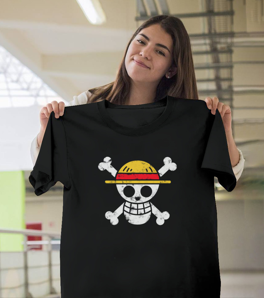 One Piece Luffy Jolly Roger Icon Yellow Red Hat Crossbones T-Shirt