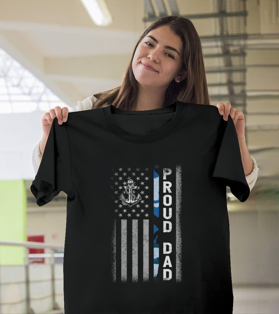 Proud Dad Navy Anchor American Flag Military T-Shirt