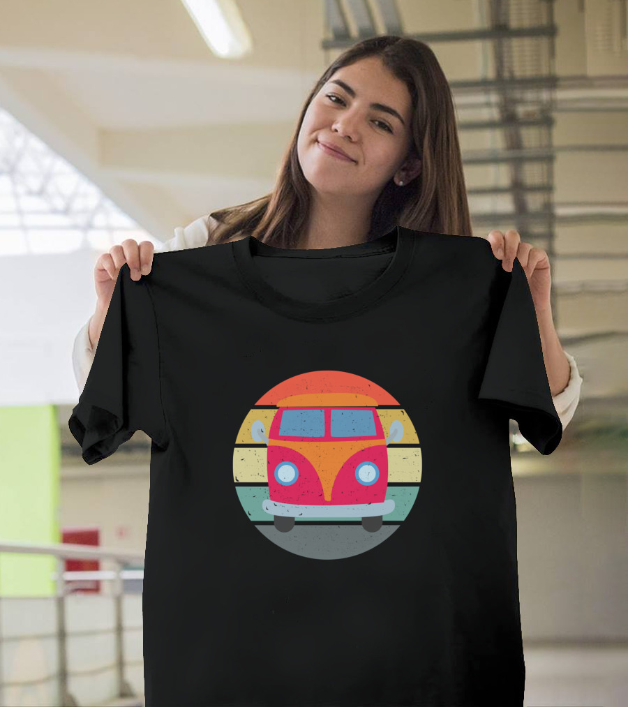 Hippie Retro Minibus Vintage Retro Minivan with Sun Circle Background T-Shirt