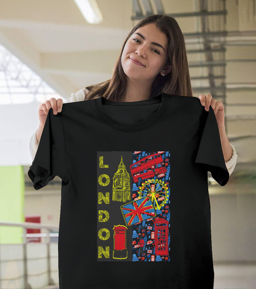 London Big Ben Ferris Wheel Double Decker Bus UK Flag Telephone Booth T-Shirt