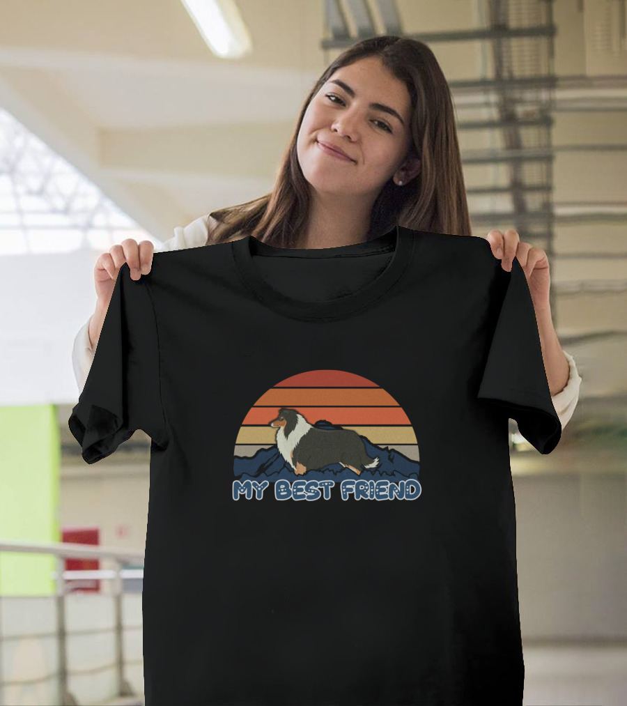 My Best Friend Collie Sunset Mountain Stripes T-Shirt