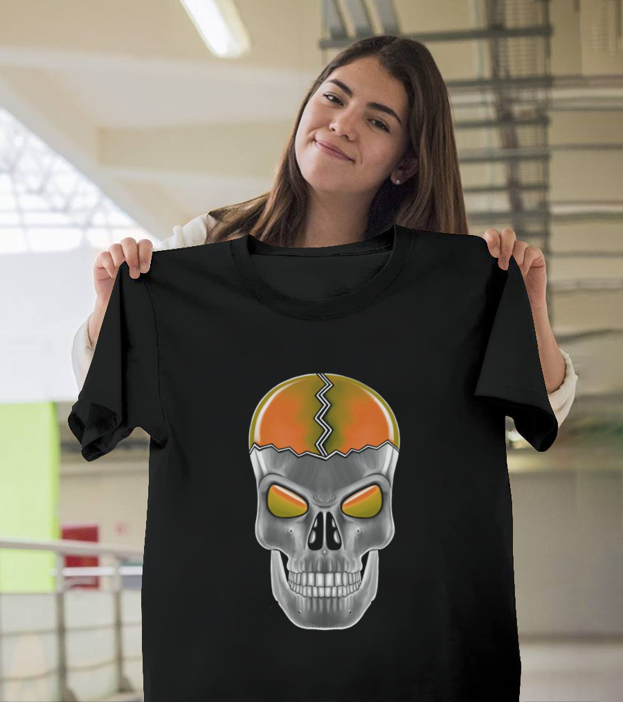 Orange Cracked Skull with Silver Teeth and Green Eyes T-Shirt