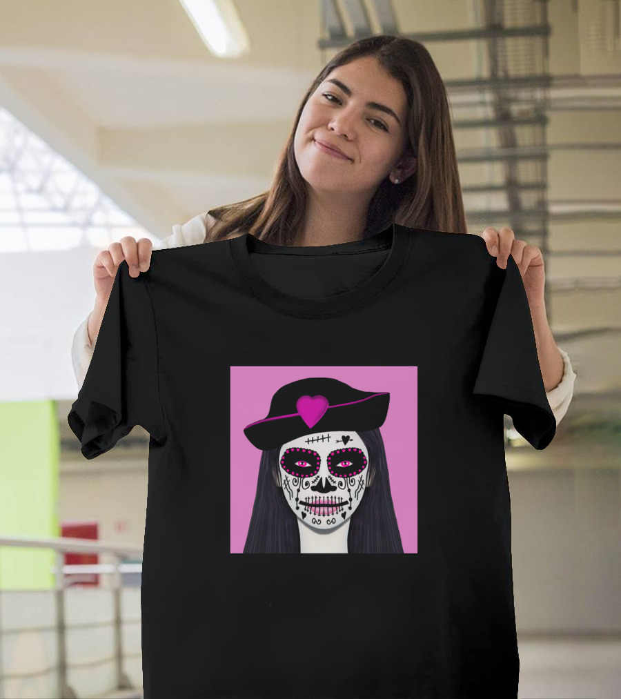 Pink Dia De Los Muertos Sugar Skull Heart Beret T-Shirt