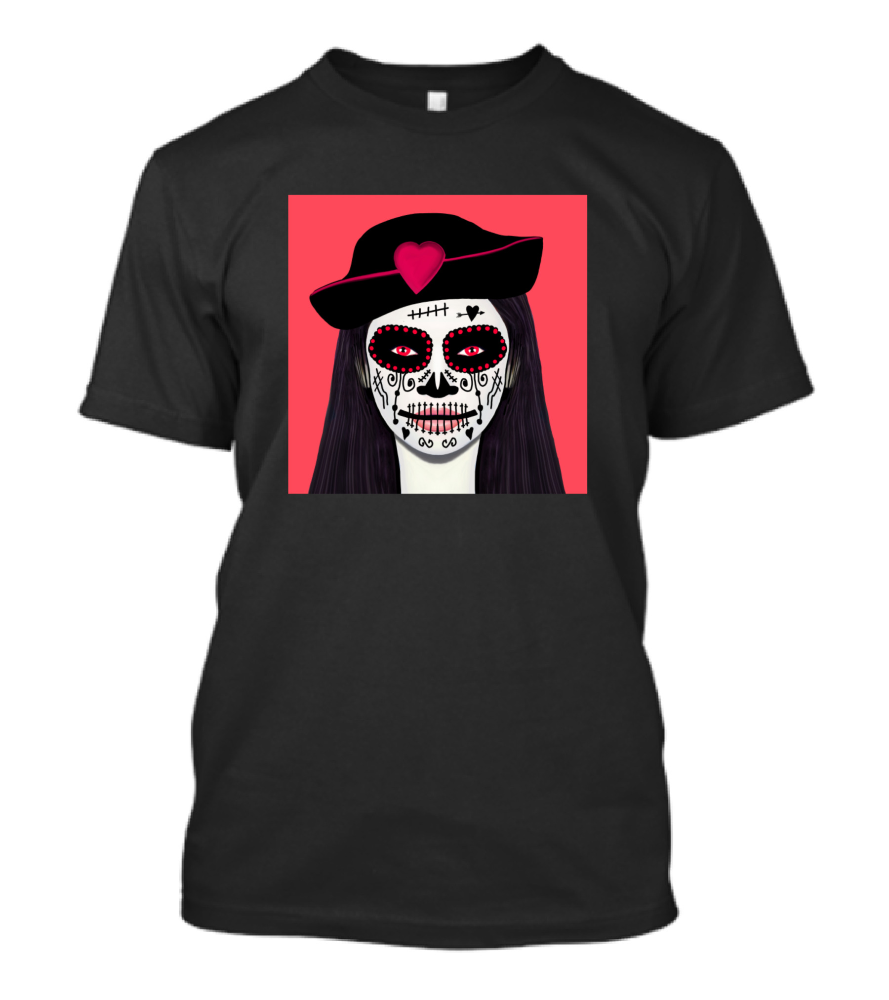 Red Day Of The Dead Sugar Skull Heart Black Hat T-Shirt