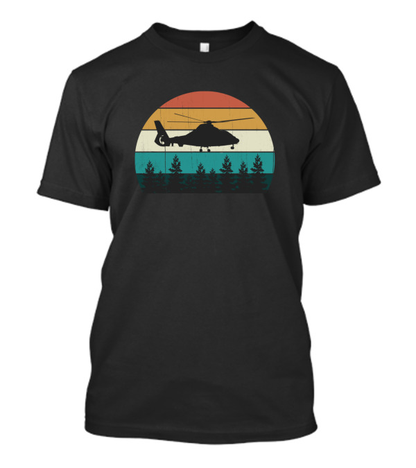 Retro Helicopter Pilot Vintage Sunset Chopper Silhouette Forest T-Shirt