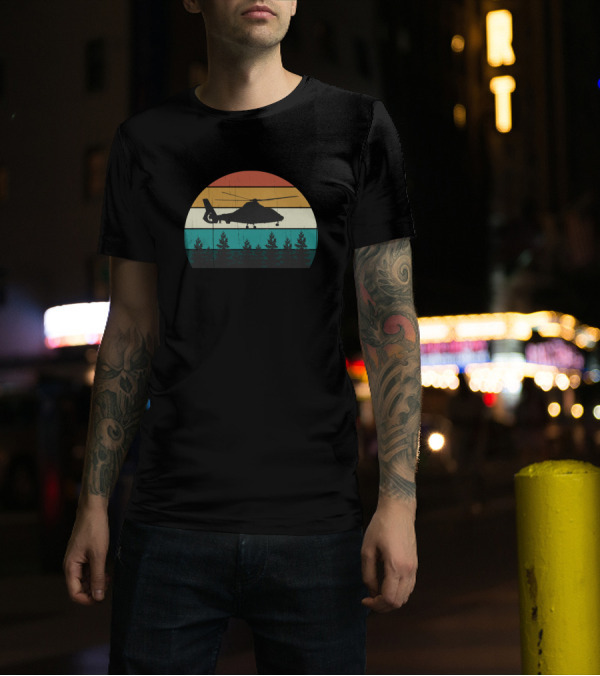 Retro Helicopter Pilot Vintage Sunset Chopper Silhouette Forest T-Shirt