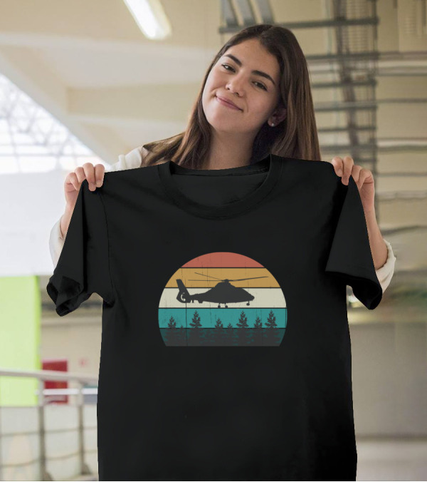 Retro Helicopter Pilot Vintage Sunset Chopper Silhouette Forest T-Shirt