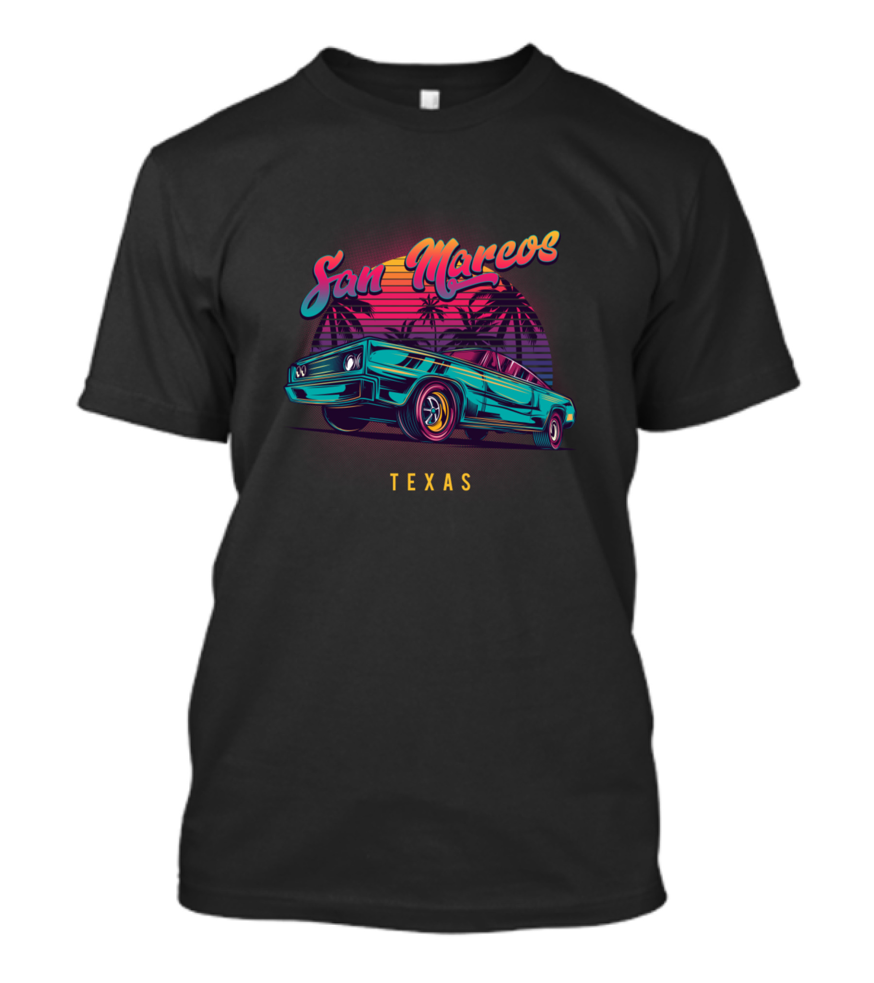 San Marcos Texas Retro Vintage Muscle Cars With Palm Trees And Sunset T-Shirt