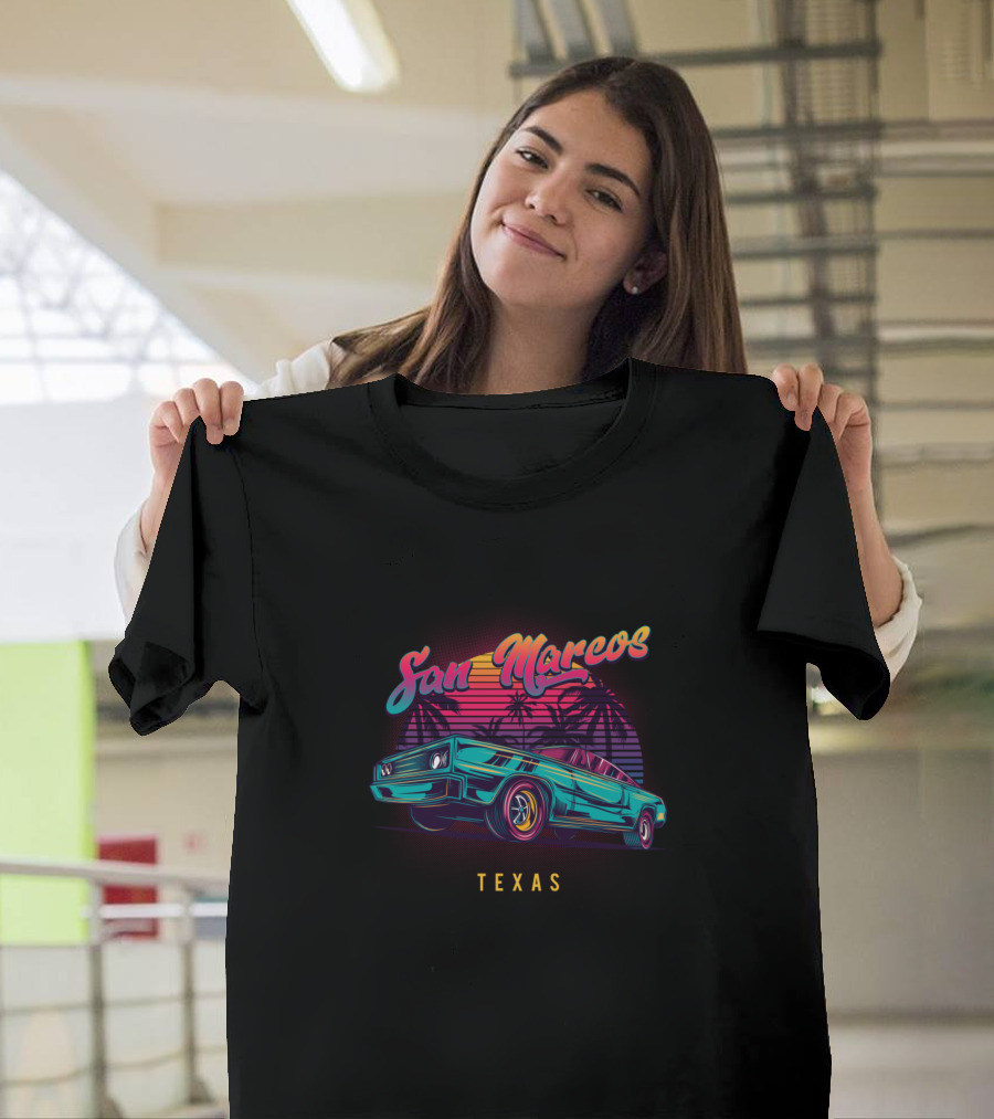 San Marcos Texas Retro Vintage Muscle Cars With Palm Trees And Sunset T-Shirt
