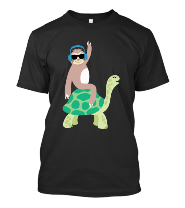 Funny Lazy Sloth With Headphones Riding Sea Turtle Hona T-Shirt