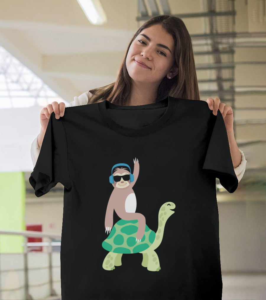 Funny Lazy Sloth with Headphones Riding Sea Turtle Hona T-Shirt