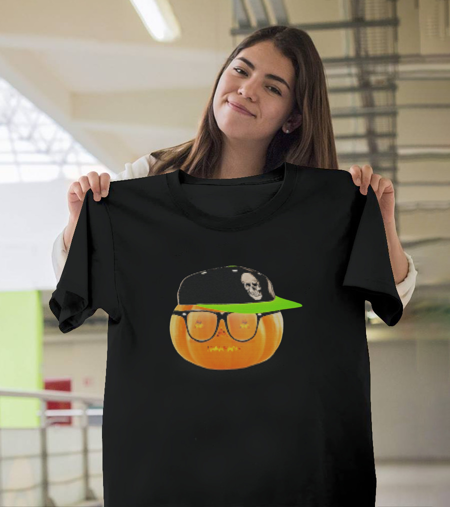 Halloween Pumpkin Wearing Skull Cap Glasses T-Shirt