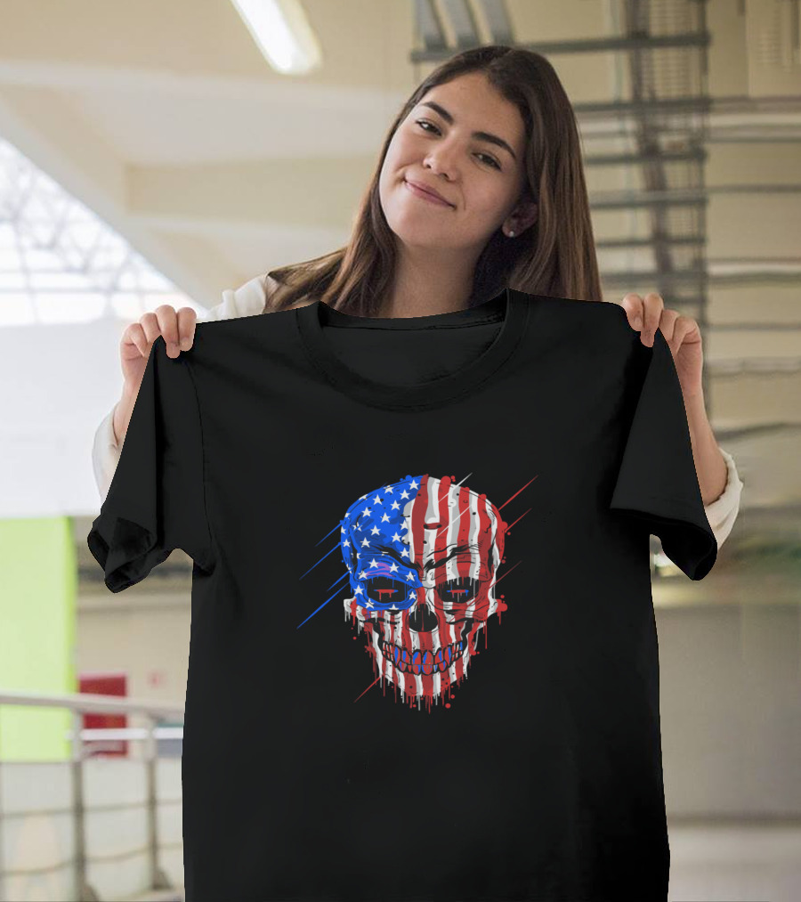 Skull Head USA America Flag Design Love T-Shirt