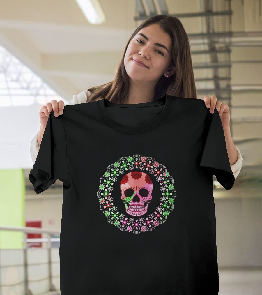 Skull Mexican Day of the Dead Sugar Skull Floral Circle T-Shirt