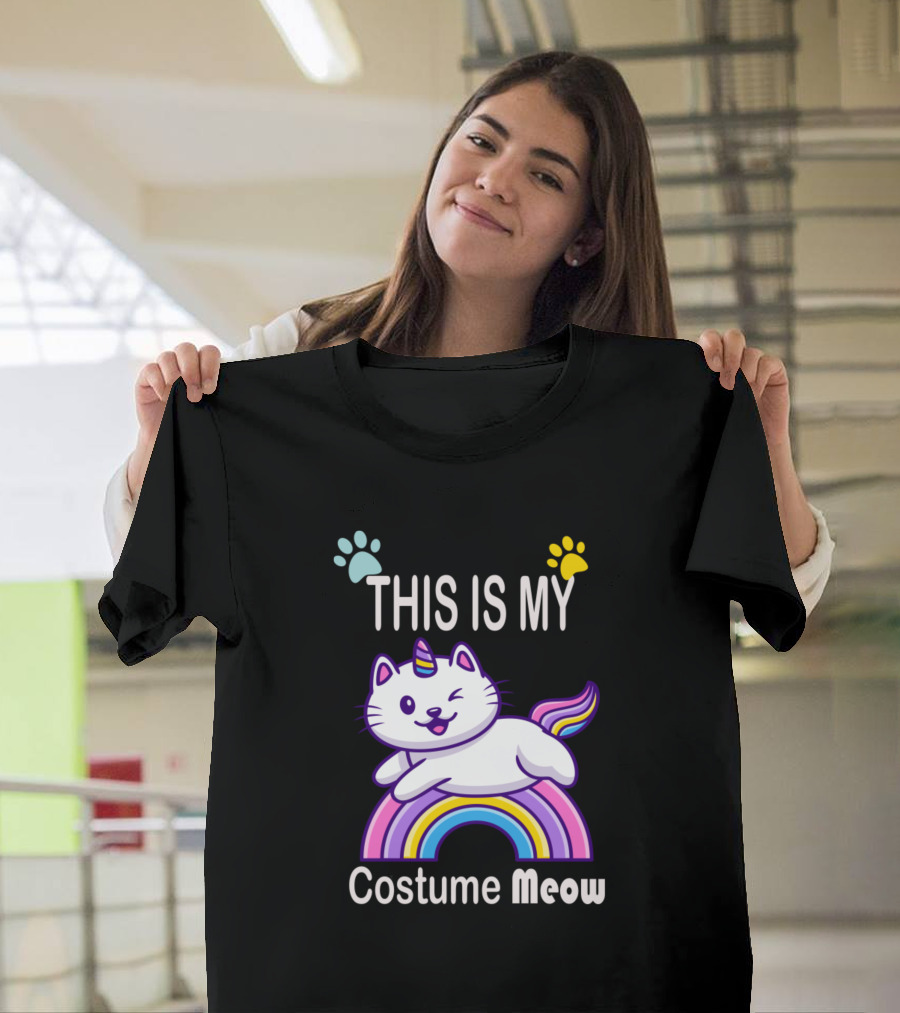 This Is My Cat Costume Meow Unicorn on Rainbow T-Shirt