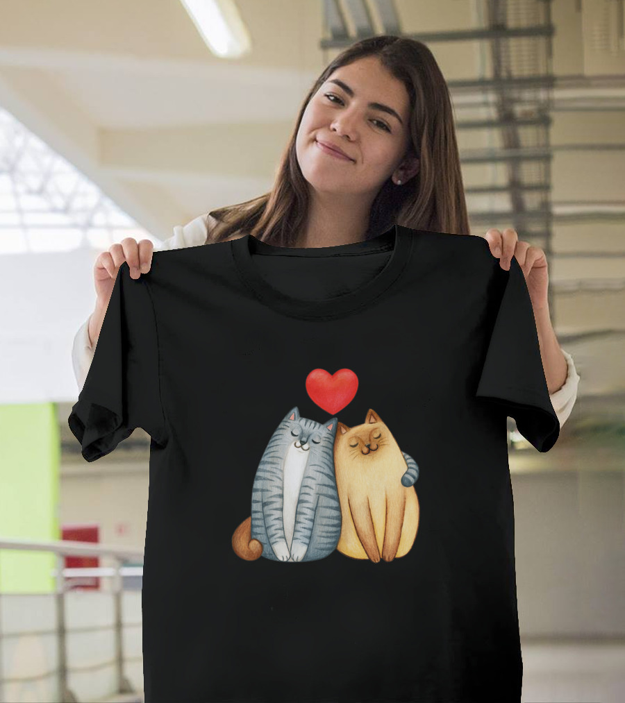 Couple Cats Cuddling Happily Under Red Heart T-Shirt