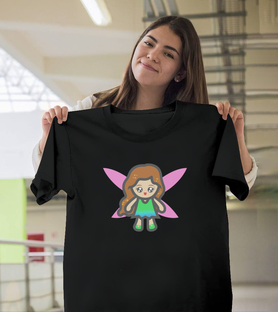 Cute Fairy Cartoon with Pink Wings and Green Dress T-Shirt