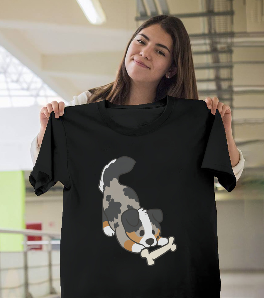 Dogs Australian Shepherd126 Playful Pup with Bone T-Shirt