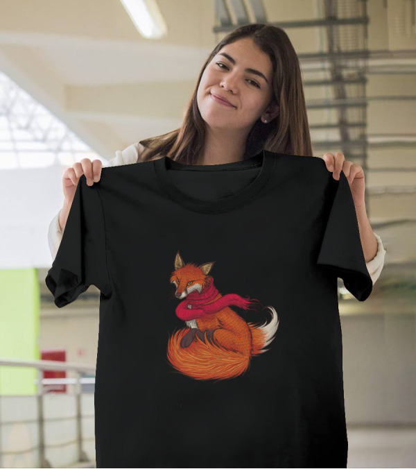 Winter Fox Wildlife Cozy Red Scarf Fox T-Shirt