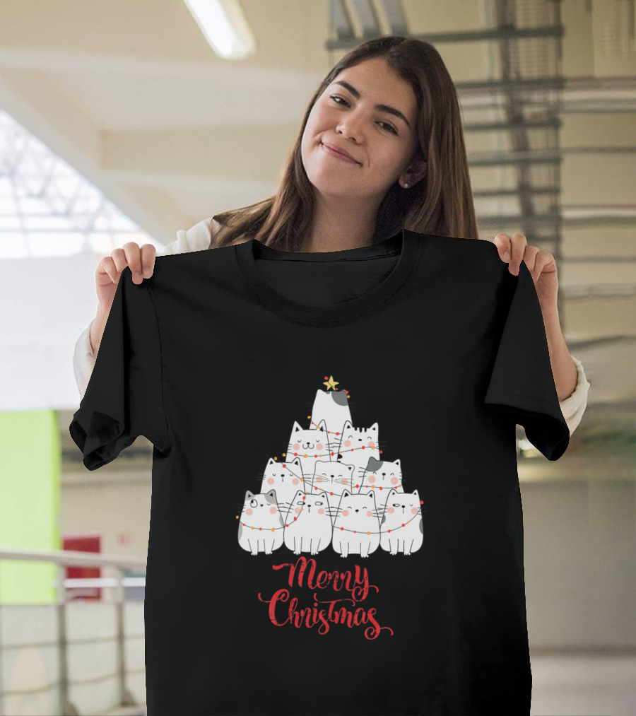 Funny Cats Merry Christmas Tree Lights Holiday T-Shirt