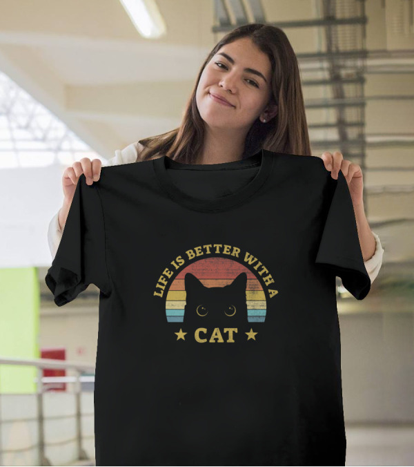 Life Is Better With A Cat Retro Vintage Funny Black Kitten T-Shirt