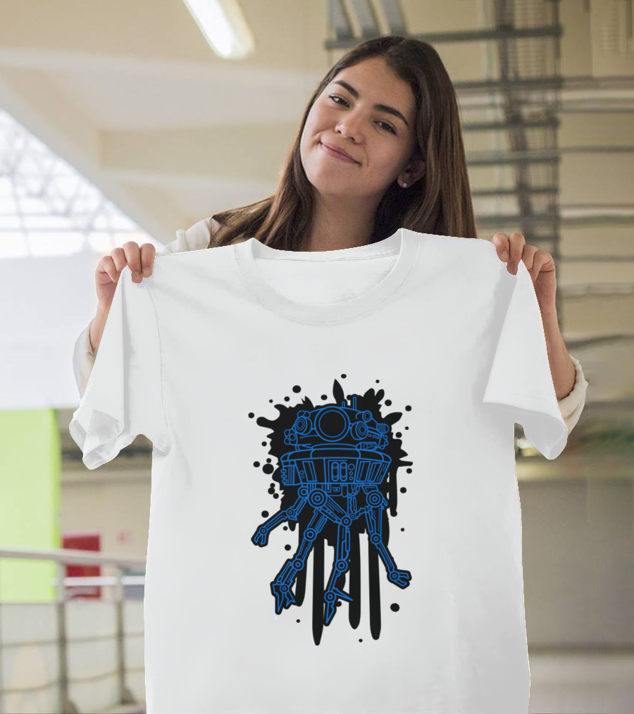Galactic Probe Bot Blueprint with Mechanical Legs on Dark Splatter Background T-Shirt